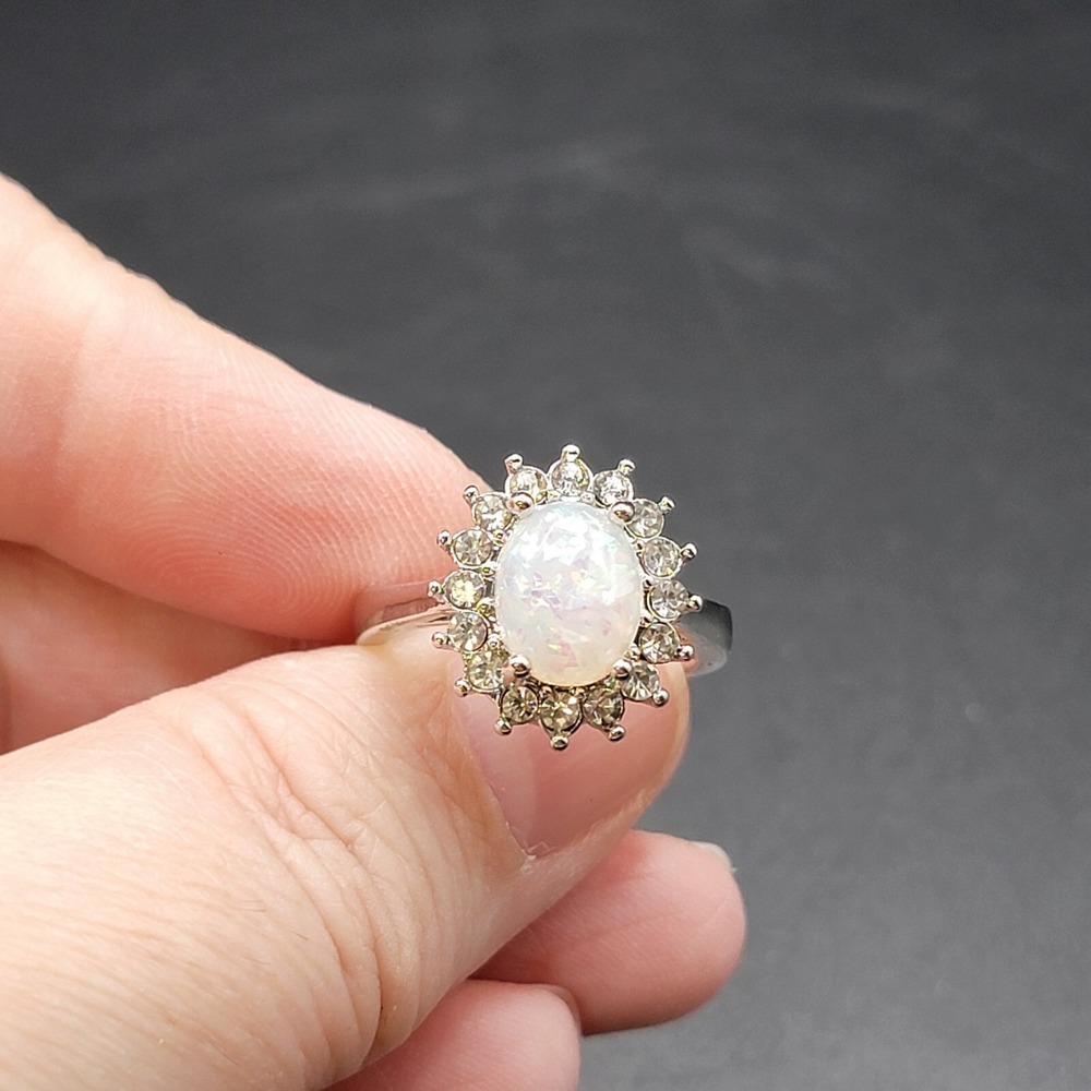 Oval Opal/Rhinestones Costume Ring Size 7